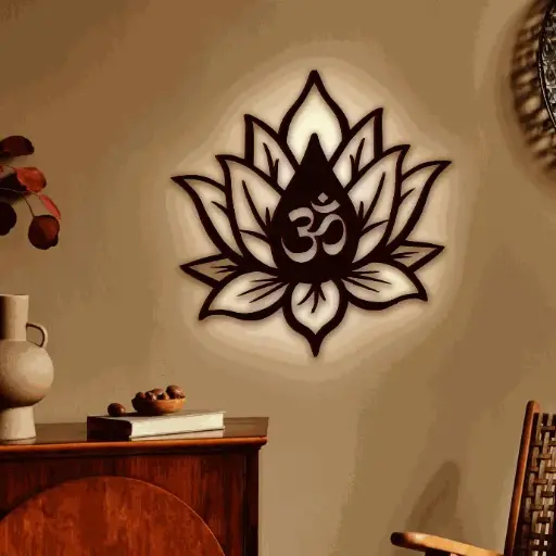 Hindu OM Flower-Backlit Wooden Wall Decor with LED Night Light